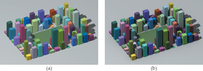 Figure showing random boxes rendered with 64 samples per pixel: (a) min_amount = 1.0; (b) min_amount = 0.25.