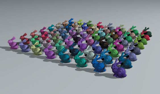 Figure showing sixty-four Stanford bunnies created by storing a single bunny and using instances.
