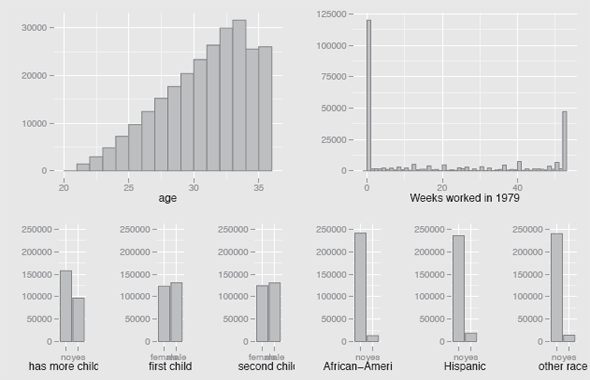 Figure showing plots of the variables in the Fertility dataset. The numbers of women with two or more children rose steadily with age, except for the eldest two years. The majority of women worked every week of the year or not at all. Fewer women had more than two children than had exactly two. There were slightly more boys than girls for both the first and second child. Most women in the study were Caucasian.