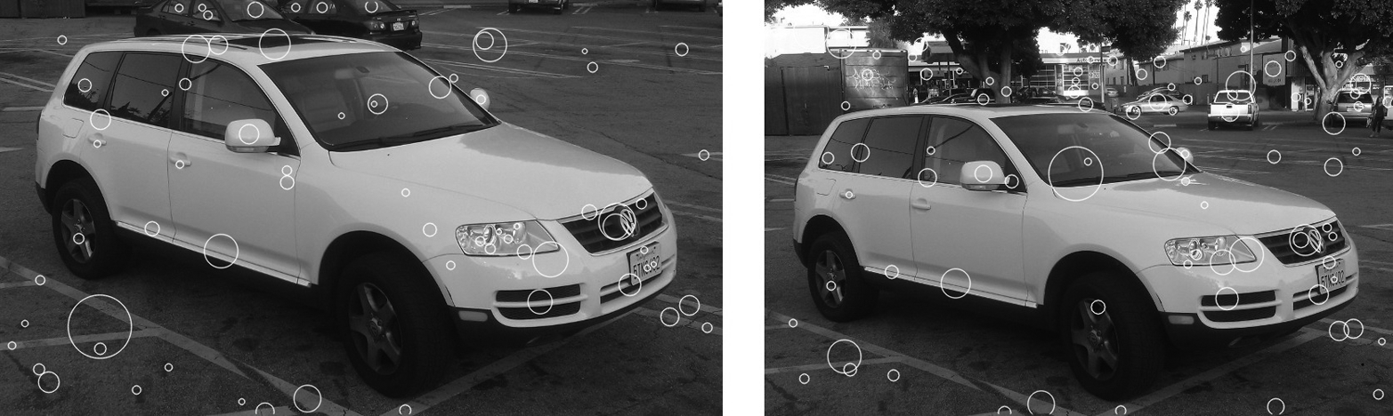 The simple blob detector run on two similar images of the same vehicle. There is little consistency between the blobs found in the two images. Blob detection works best in simple environments where there are expected to be a few very well-defined objects to locate.