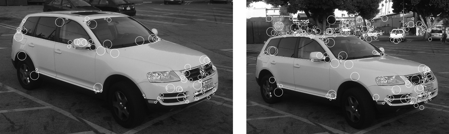 Star features computed for the same vehicle from two slightly different orientations. At default parameters, 137 are found on the left image and 336 are found on the right. In both cases, the number on the automobile is about the same, with the additional features on the background accounting for the greater number in the second image. The found features on the vehicle are few compared to other methods, but you can easily see correspondences, suggesting the features are very stable.