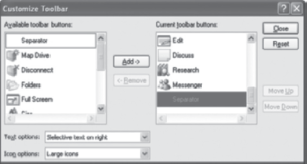 Customize Toolbar Dialog Box