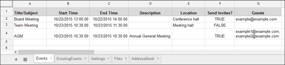 Creating events from Sheets data