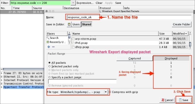 Exporting the displayed packet