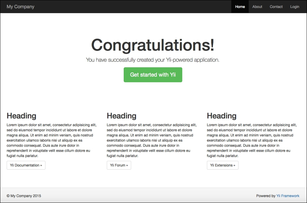 Example – Hello world from scratch with the Yii basic template and bootstrap template