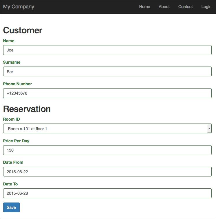 Example – creating a customer and reservation in the same view