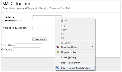 Inspecting pages and elements with Mozilla Firefox using the Firebug add-on