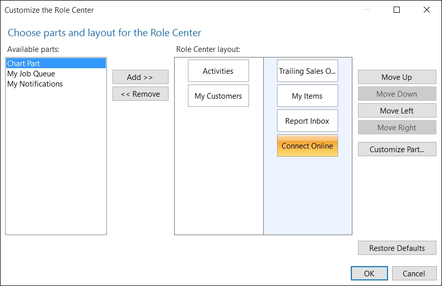 Adding charts to the Role Center page