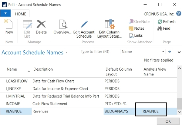 Analysis views as a source for account schedules