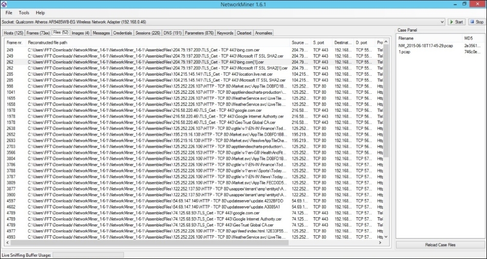 Packet sniffing and analysis using NetworkMiner