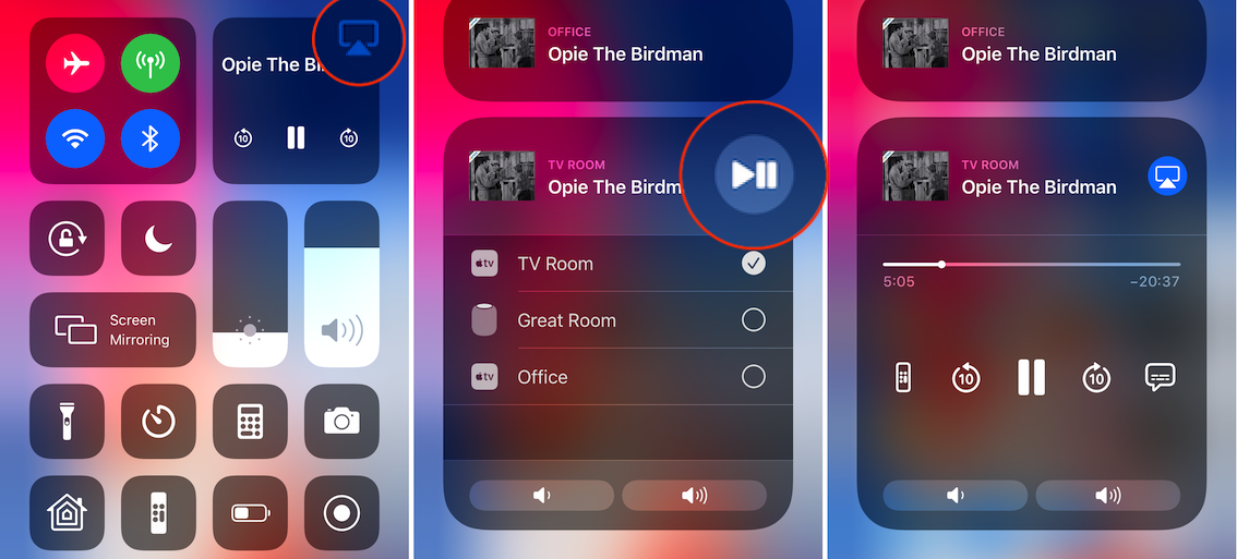 Figure 15: You can connect the iTunes Remote app to your Apple TV either manually or through Home Sharing (left). Once you’ve made the connection, an icon for the Apple TV appears on the Remote screen (I’ve connected iTunes Remote app to two Apple TVs and a Home Sharing library, right).