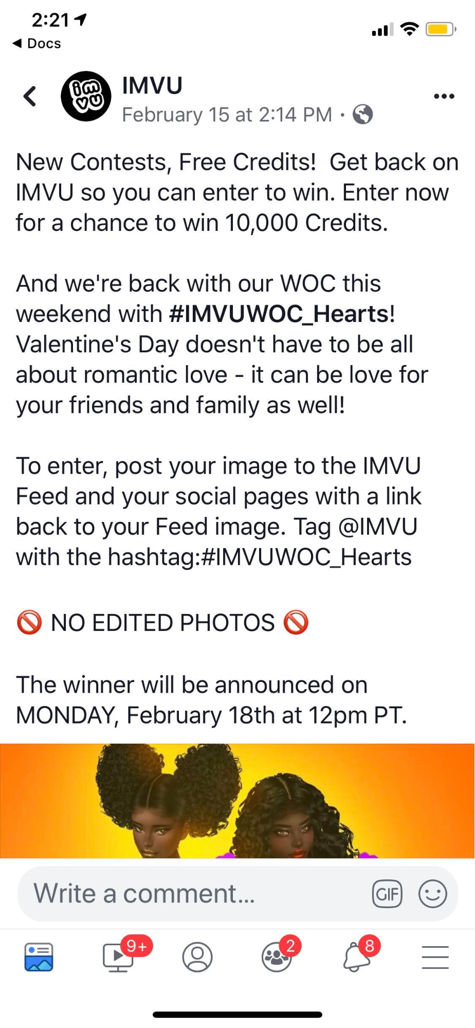 An example of the IMVU weekly contest Facebook ad