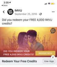 IMVU example of a retargeting ad to remind users to redeem their free credits