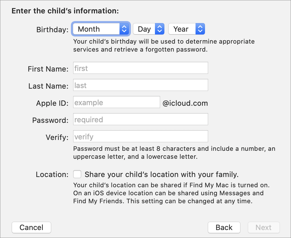 Figure 99: Provide information to create an Apple ID for a child.