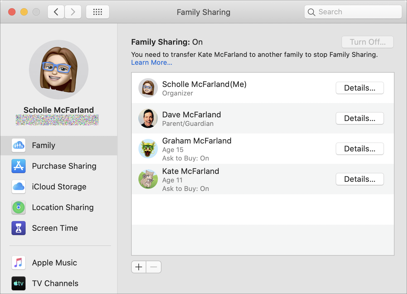 Figure 100: Catalina’s new Family Sharing preference pane brings together all your sharing options.
