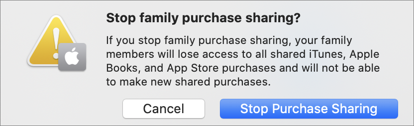 Figure 102: Catalina warns you before you cut off family members’ access to shared media and apps.