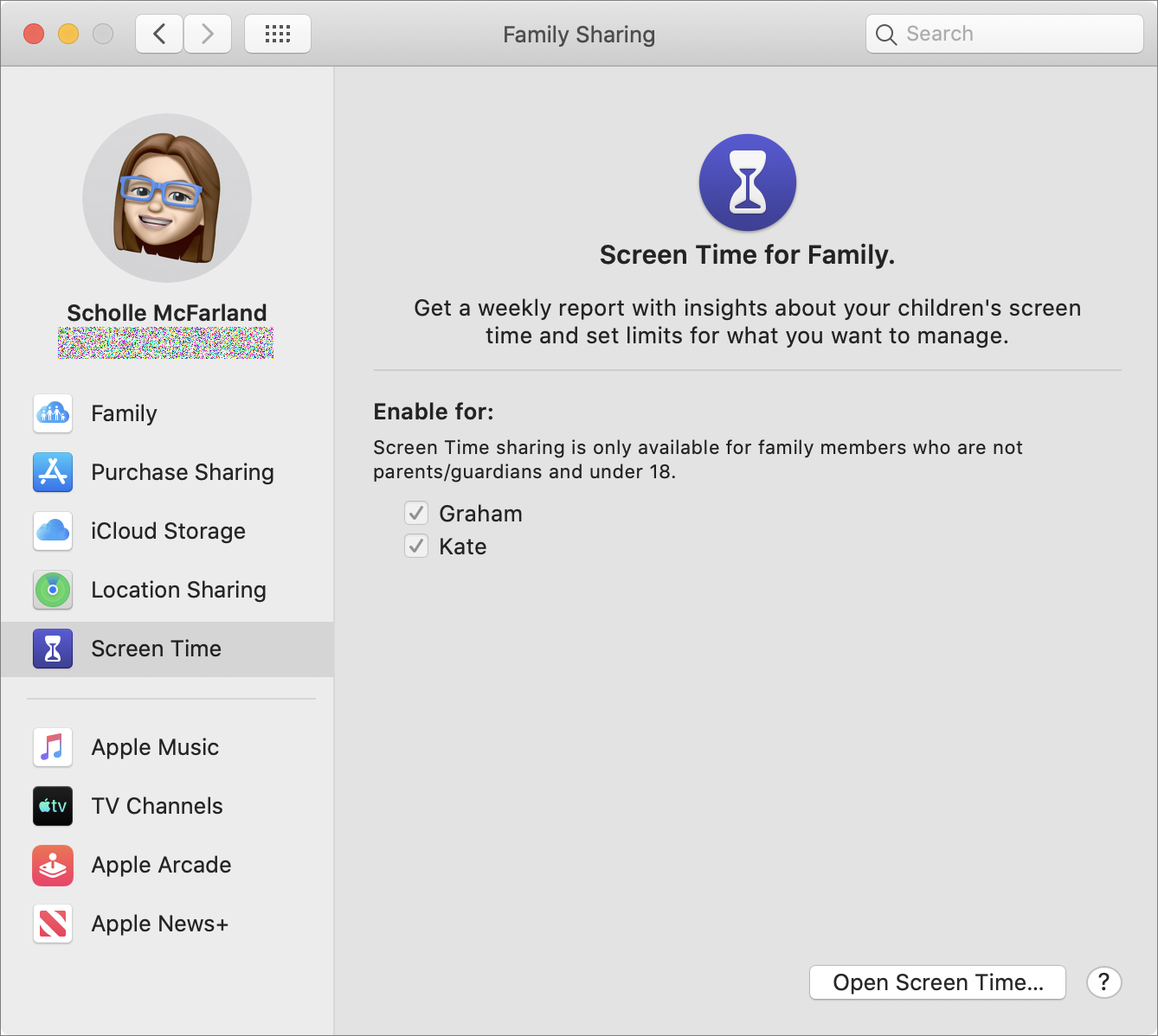 Figure 104: Select Screen Time in the sidebar to see if it’s enabled for any family members.