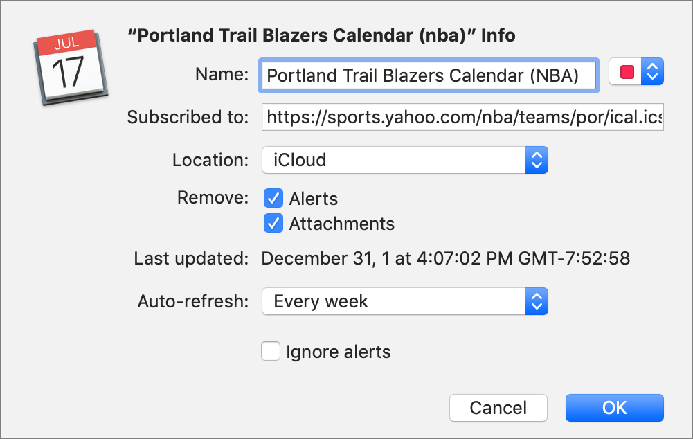 Figure 47: Determine the details of your calendar subscription in this dialog.