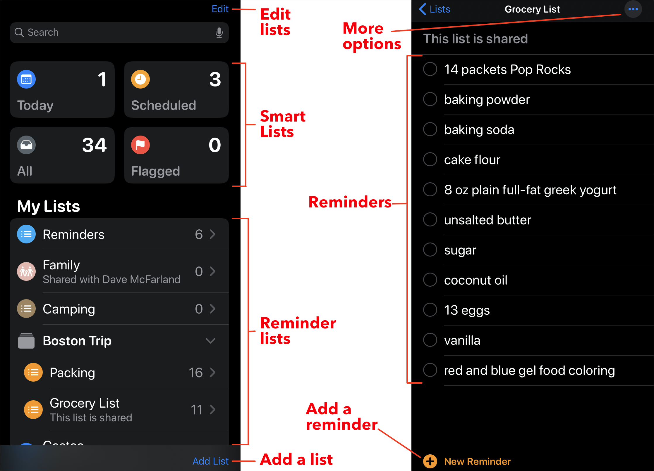 Figure 49: On an iPhone, your lists appear on one screen (left). Tap a list’s name to see its reminders (right).