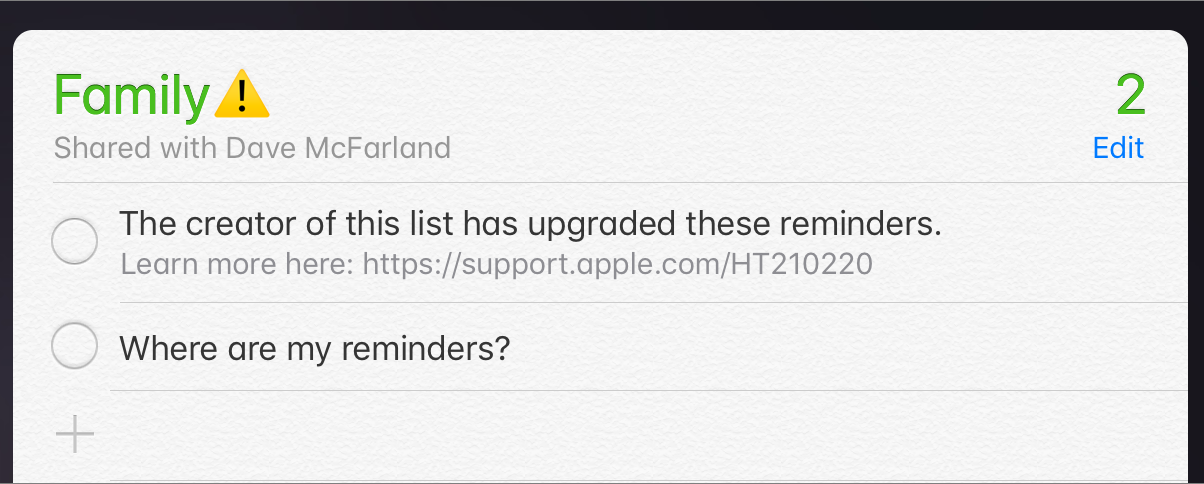 Figure 50: Avoid warnings like this—get all members of shared Reminders lists to upgrade their Reminders app at the same time.