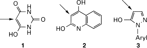 Figure depicting the structures of the barbituric acid (1), 2,4-dihydroxyquinoline (2), and 1-arylpyrazolone-5 derivatives (3).