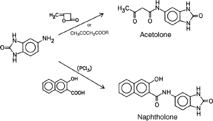 Figure depicting a chemical reaction for heterocyclic coupling components that are derived from a heterocyclic amine which is reacted with diketene, an acetoacetic ester, or 2-hydroxy-3-naphthoic acid.