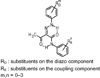 Figure depicting a chemical structure of a compound, where RD and RK stands for substituents on the diazo component and substituents on the coupling component, respectively.