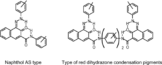 Figure depicting the structures of naphthol AS type (left) and type of red dihydrazone condensation pigments (right).