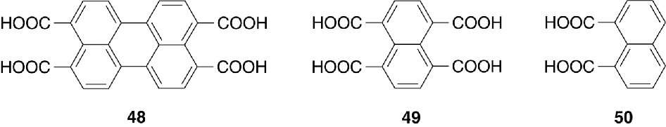 Figure depicting the structures of perylene-3,4,9,10-tetracarboxylic acid (48), naphthalene-1,4,5,8-tetracarboxylic acid (49), and naphthalene-1,8-dicarboxylic acid (50).