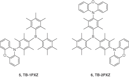 Chemical structures of emitters 5 (TB-1PXZ) and 6 (TB-2PXZ).