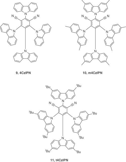 Chemical structures of emitters 4,5,6-tetra(carbazol-9-yl)-1,3-dicyanobenzene, 9 (4CzIPN), 10 (m4CzIPN) and 11 (t4CzIPN).