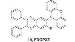 Chemical structure of emitter 19 (FDQPXZ) containing fluorine-substituted quinoxaline acceptor and phenoxazine donor units.