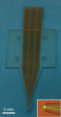 Illustration of Advanced hard polymer version of the multifunctional pipette with integrated gold microelectrodes