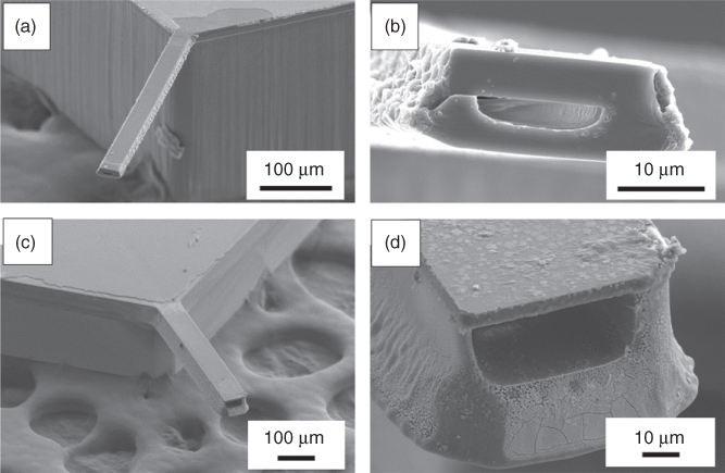 Illustration of SEM micrographs of SU-8 hollow cantilevers with an aperture defined in the front plane to inspect the cross section.