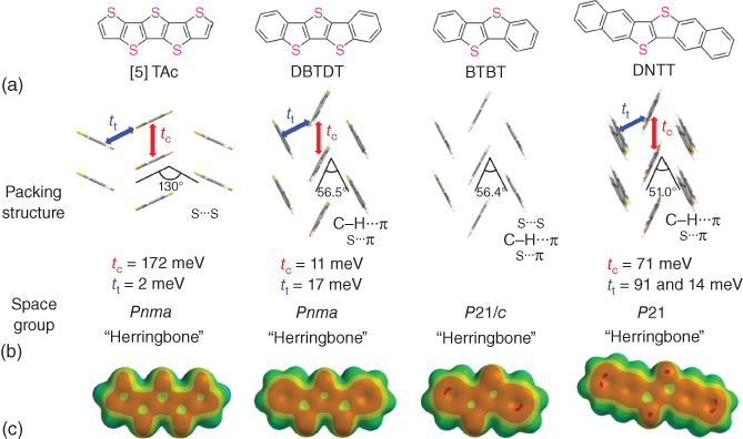(a) Chemical structures of [5]TAc, DBTDT, BTBT, and DNTT. (b) Packing structures of [5]TAc, DBTDT, BTBT, and DNTT along with the absolute transfer integral values in the direction of column and transverse and their space group in single-crystal structures. (c) Electrostatic potential maps of [5]TAc, DBTDT, BTBT, and DNTT in the property range from -100 to +150 kJ/mol.