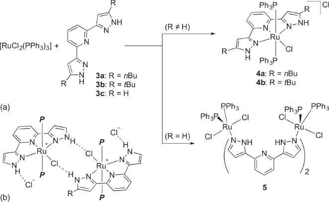 Schematic illustrations of the (a) synthesis of ruthenium complexes 4 and 5 bearing protic NNN pincer-type ligands 3; (b) hydrogen bond interactions in protic pincer-type complexes 4. P = PPh3.  