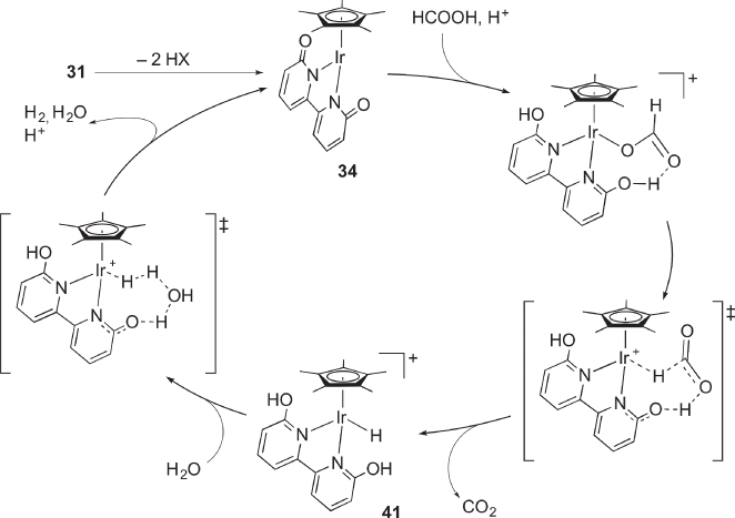 Schematic illustrations of the proposed mechanism for catalytic dehydrogenation of formic acid with bis(hydroxypyridine) complex 31.