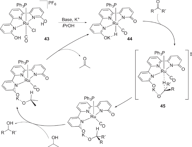 Schematic illustrations of the proposed mechanism for catalytic transfer hydrogenation of ketone with protic pincer-type complex 43.