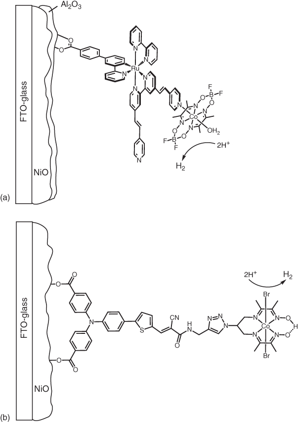 Schematic structure of photocathodes based on supramolecular dye-catalyst assemblies.; Schematic structure of photocathodes based on covalent dye-catalyst assemblies.