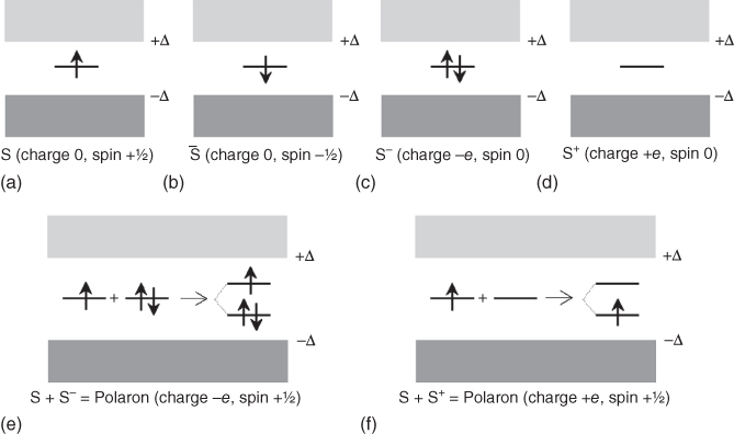 Illustrations of energy levels in t-PAc for solitons and polarons. (a) Soliton; (b) Antisoliton; (c) Negative soliton; (d) Positive soliton; (e) Negative polaron; (f) Positive polaron.