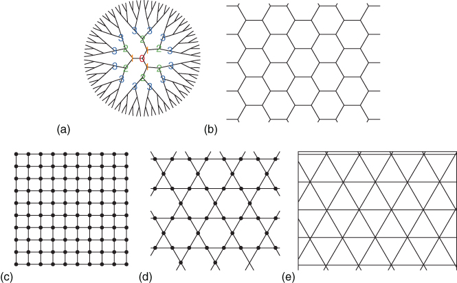 Diagrams of some regular lattices. (a) Bethe lattice, z = 3; (b) Honeycomb lattice, z = 3; (c) Square lattice, z = 4; (d) Kagome lattice, z = 4; (e) Triangular lattice, z = 6.