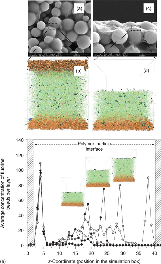 Experimental: SEM images of the surface-structured composite coatings: (a) air-coating interface and (c) cross-section showing the nanoparticles distribution at the surface and in the bulk of the polymeric layer. Simulation: 3D simulation boxes for (b) the polymer layer sandwiched between two particle surfaces (bulk setup) and (d) polymer film on a particle surface (interface setup). (e) Plot of the F- beads profile as function of z-coordinate: open stars, before the damage and closed symbols, after repeated damages and subsequent self-replenishing events.