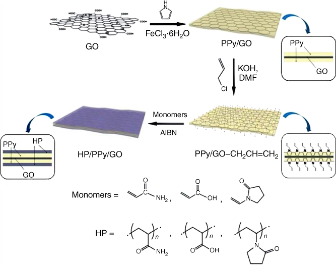 Scheme for reaction procedure used to set up the HP/PPy/GO nanosheets.