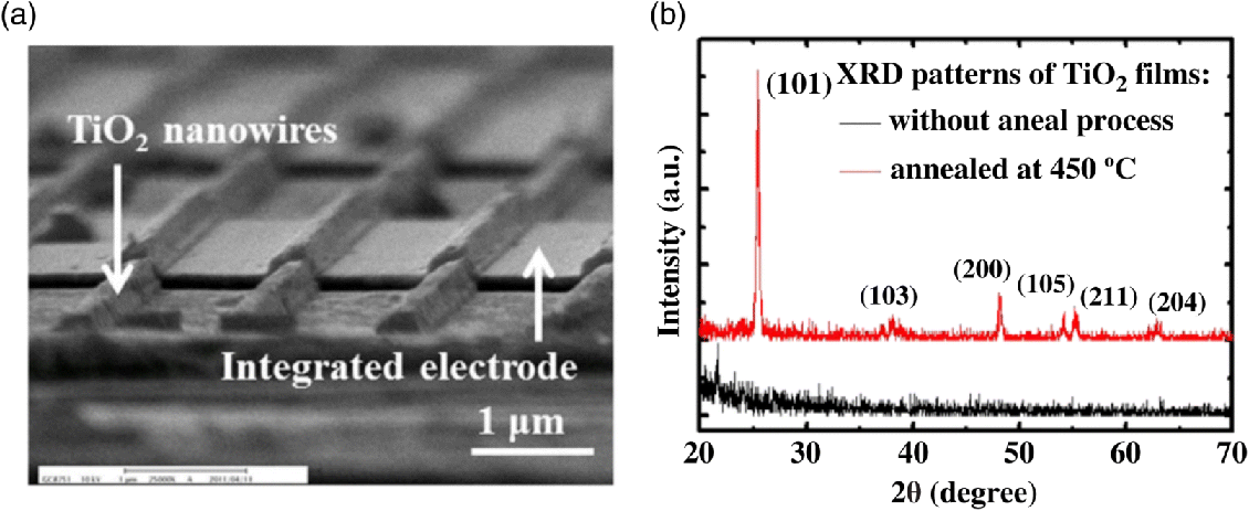 Figure depicting (a) SEM image of TiO2 nanowire gas sensor. (b) XRD patterns of TiO2 thin film with 450 °C annealing for 1 h and without the annealing process.