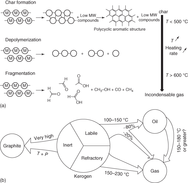 (a) Schematic diagram with chemical structural diagrams of Geochemical degradation of polymeric biomaterial: Char formation, Depolymerization, and Fragmentation with temperature at the right of a down arrow marked Incondensable gas.; (b) Schematic diagram of Geochemical degradation of polymeric biomaterial with labile, inert, and refractory Kerogen, Gas, and oil connected by arrows labeled with temperature values.