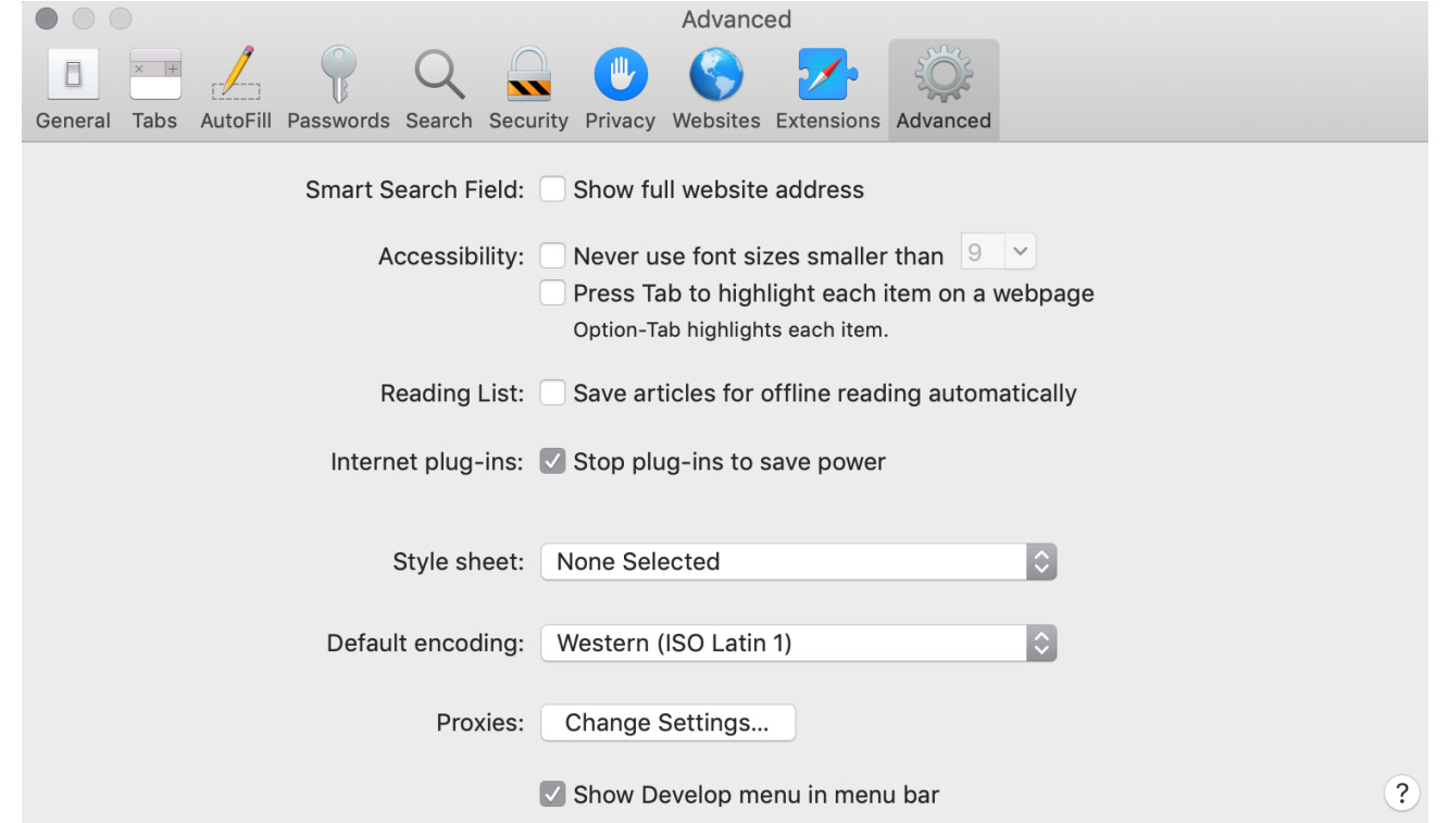Figure 1.10: Apple Safari Advanced Preferences
