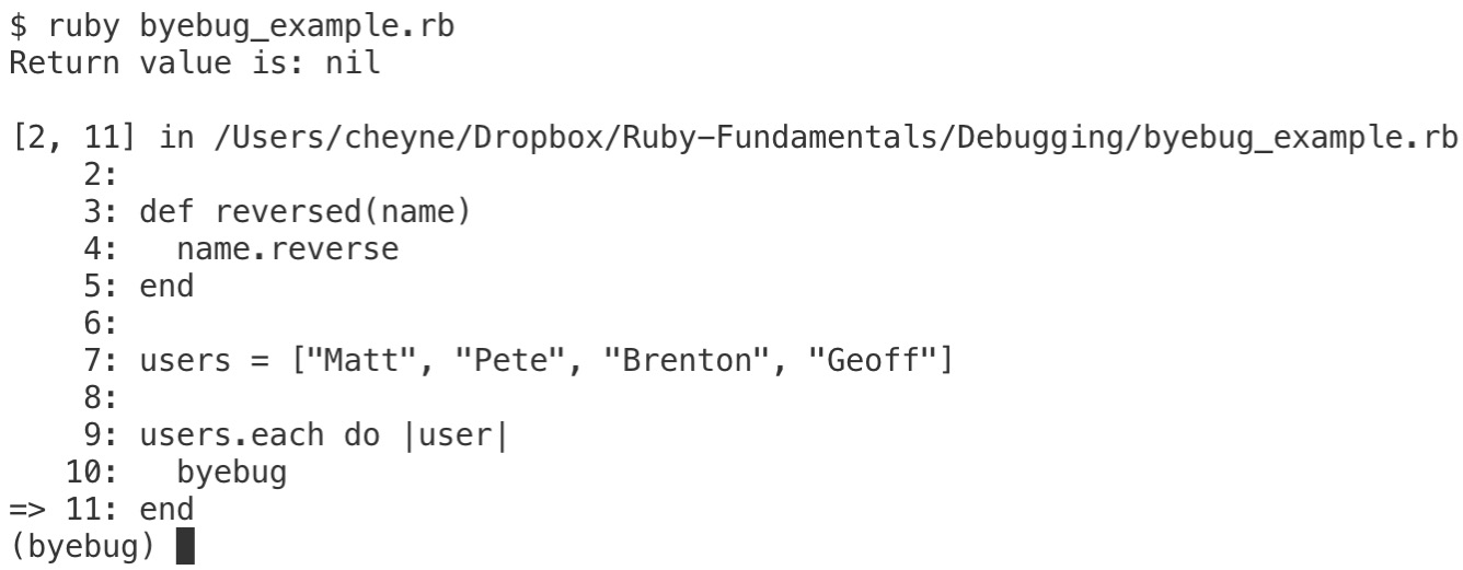 Figure 8.10: Debugging with byebug
