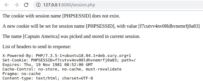 Figure 6.13: First access of session.php – initializing the new session and cookie set
