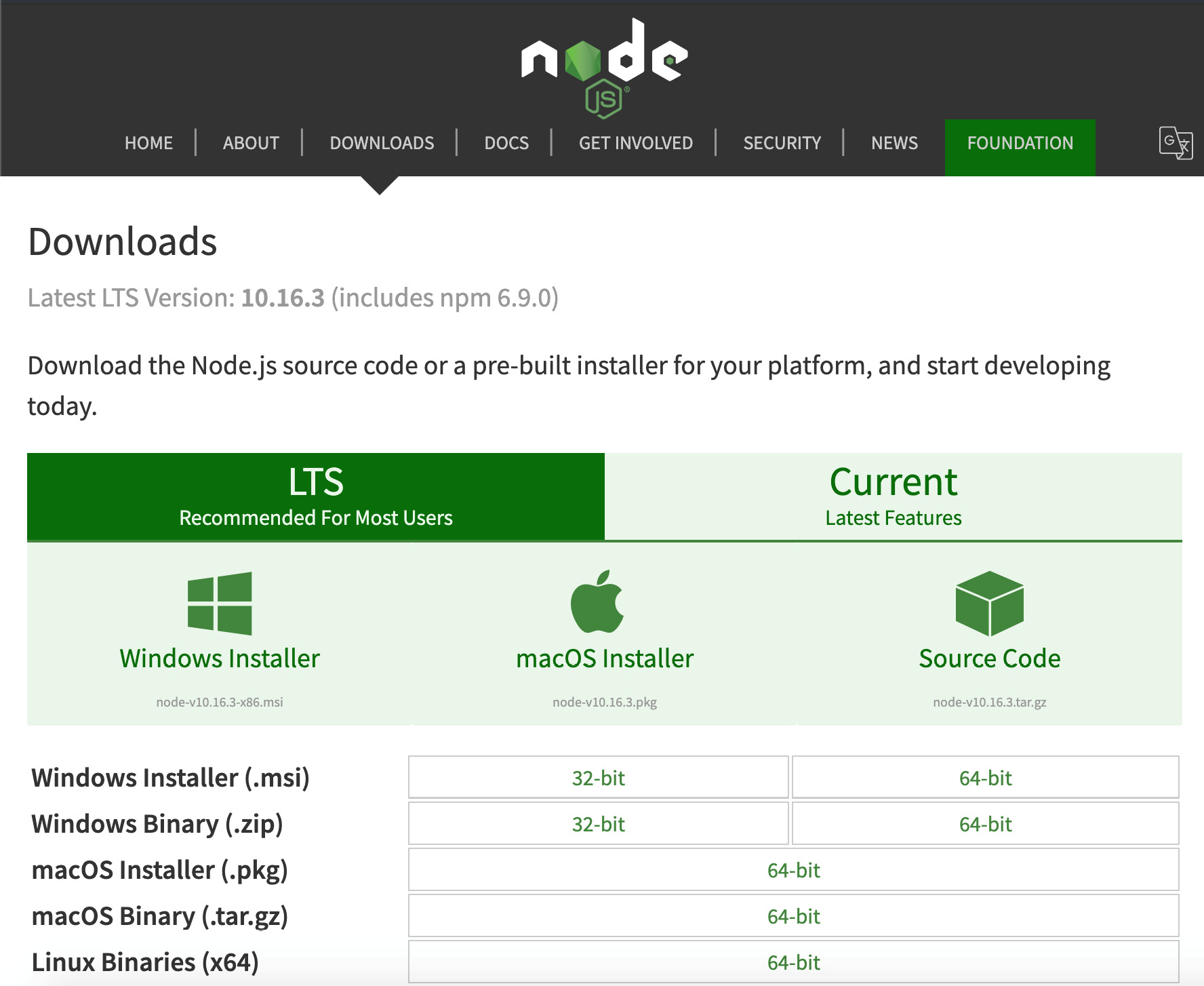Figure 10.1: Node.js Downloads page
