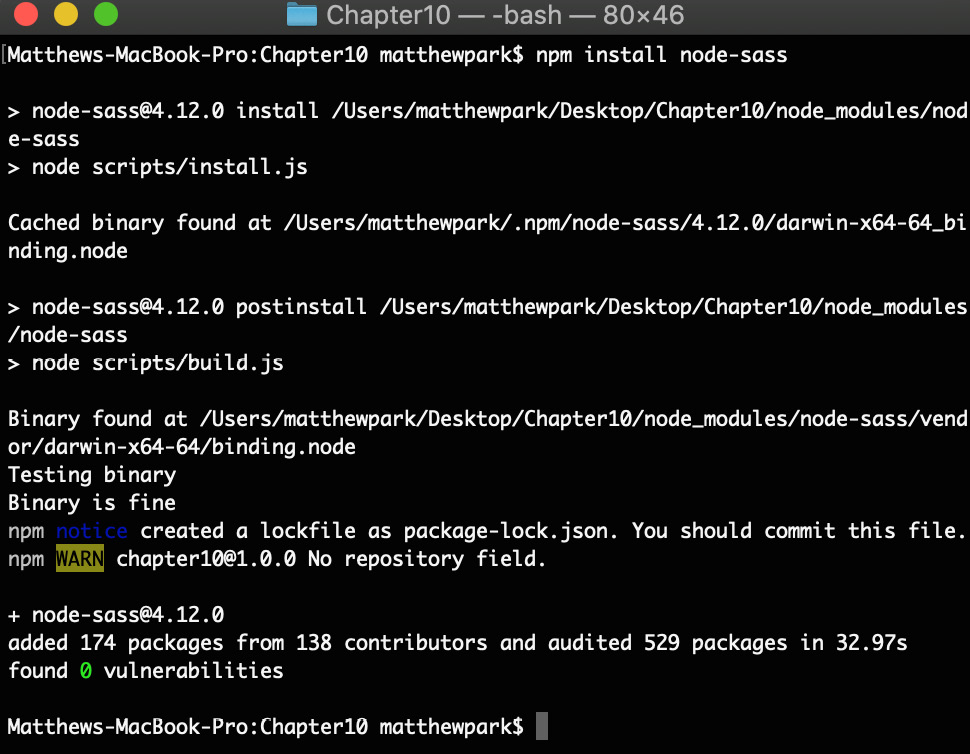 Figure 10.5: Installing the node-sass module with npm
